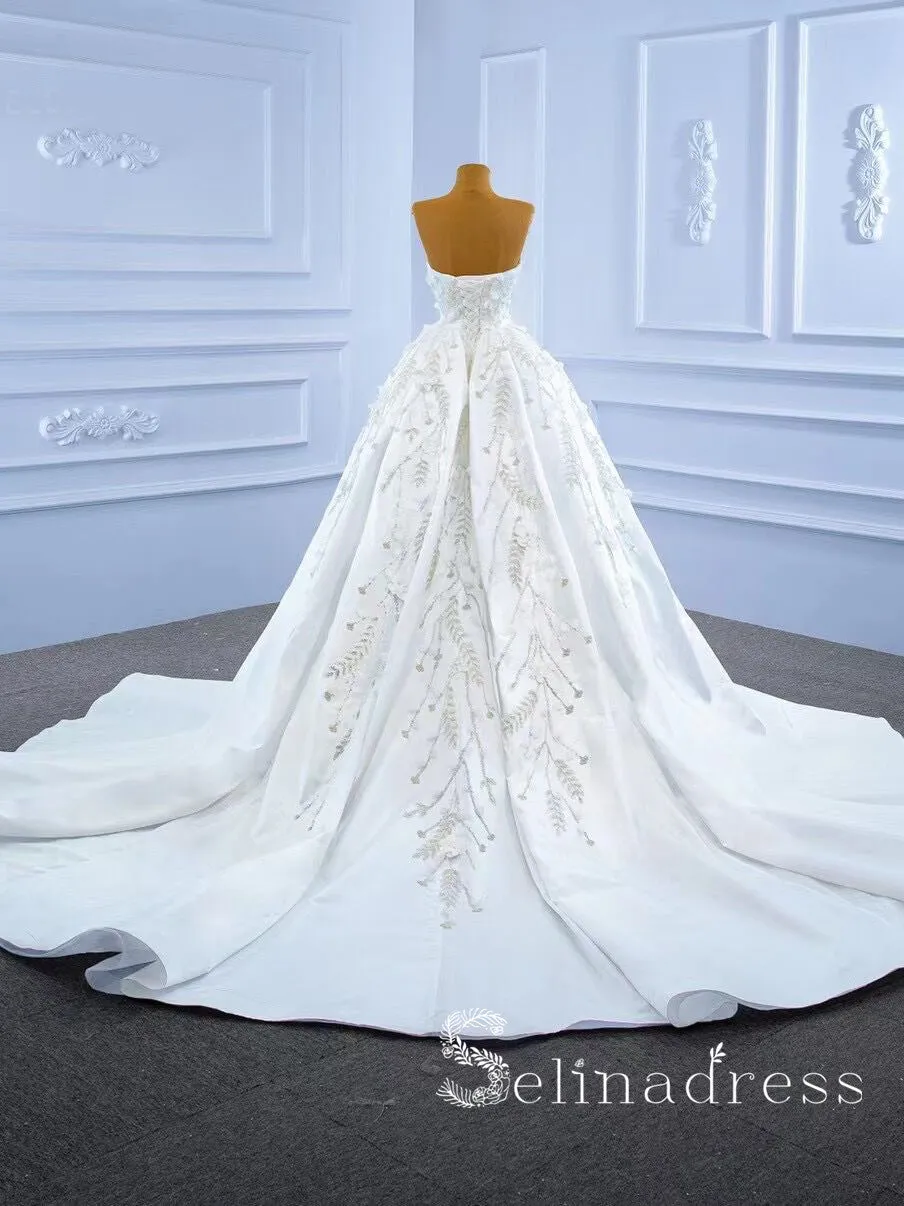 Selinadress Strapless Satin Wedding Dress White Applique Beaded Bridal Gowns SPL67282