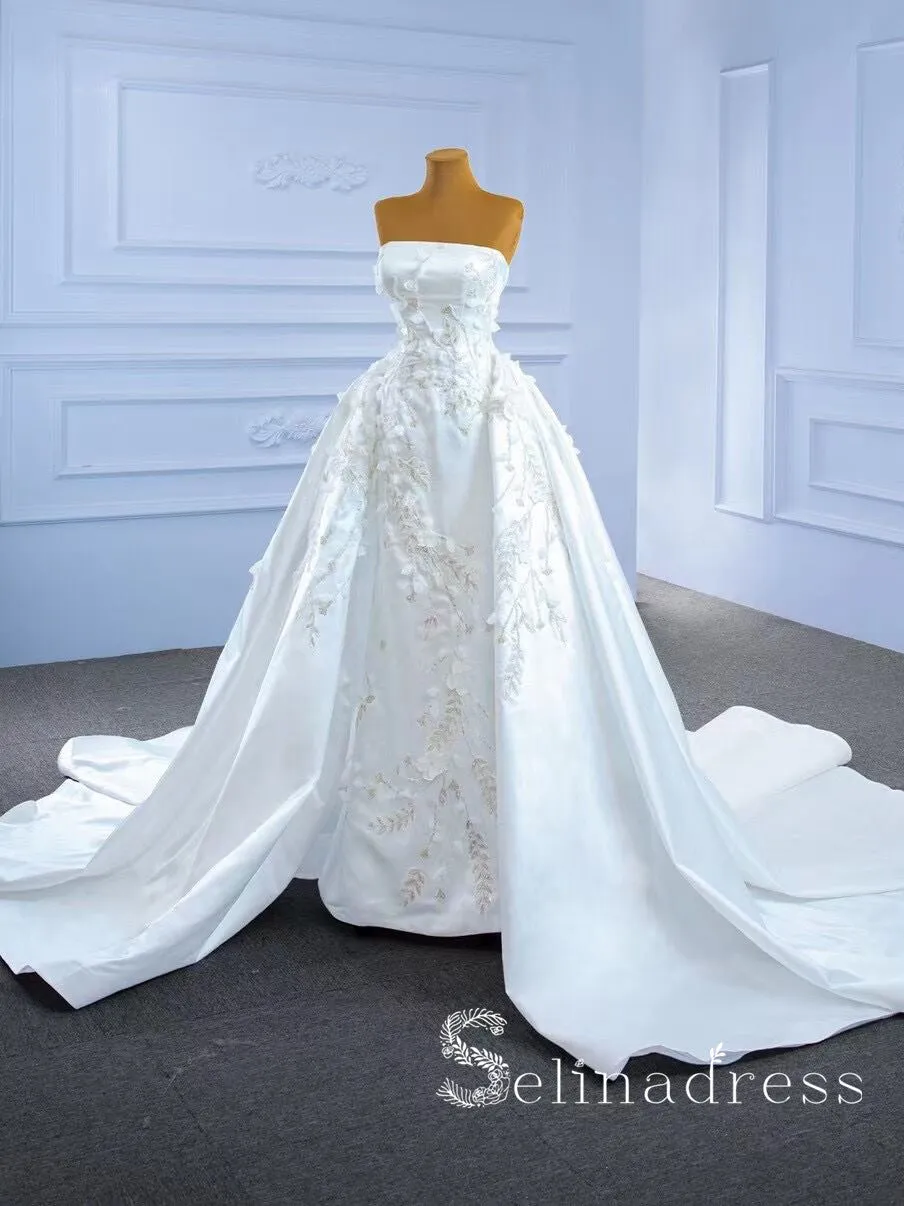 Selinadress Strapless Satin Wedding Dress White Applique Beaded Bridal Gowns SPL67282