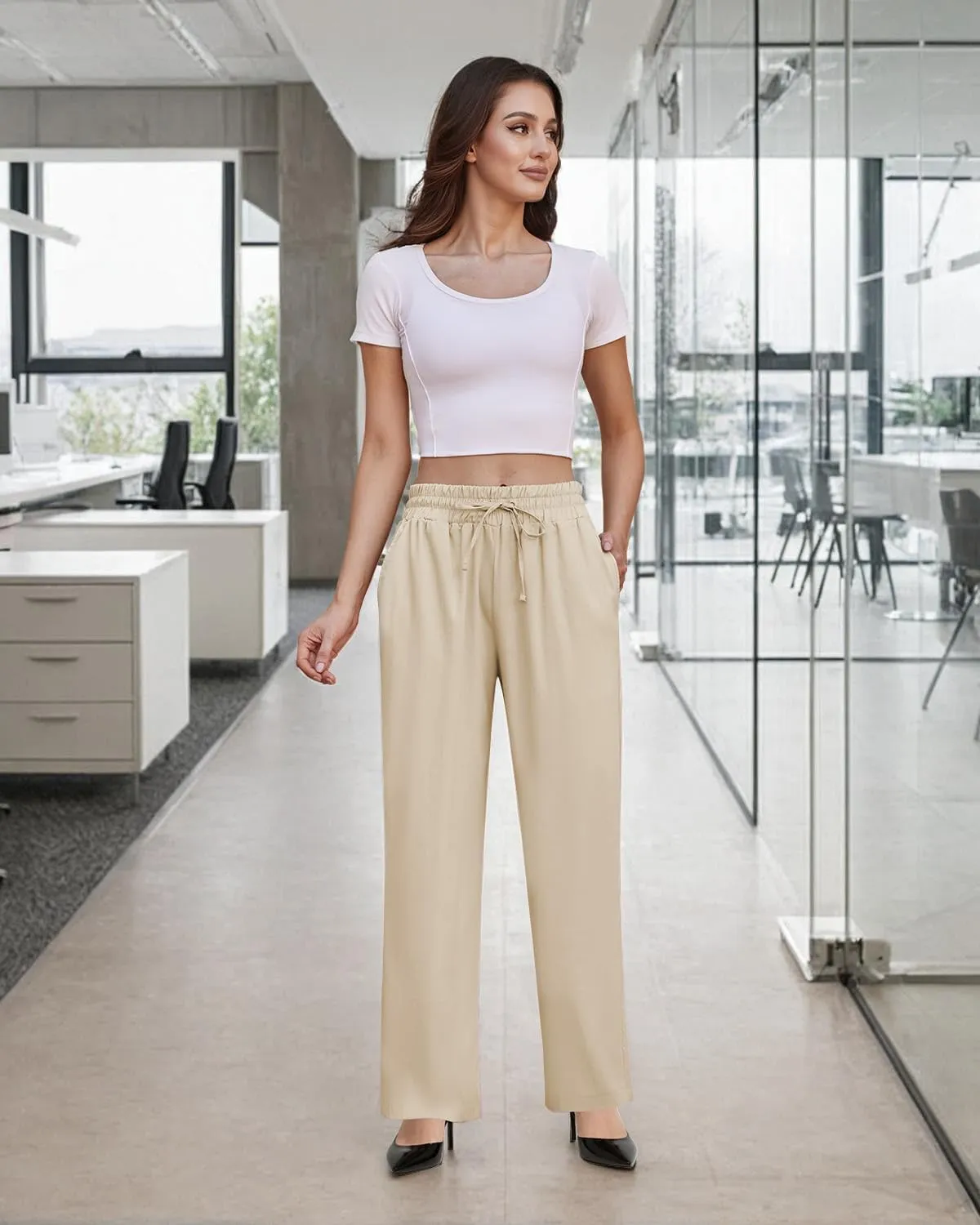 SEMARO Womens Casual Linen High Waist Pants Drawstring Loose Fit Summer Pants Trousers with Side Pockets