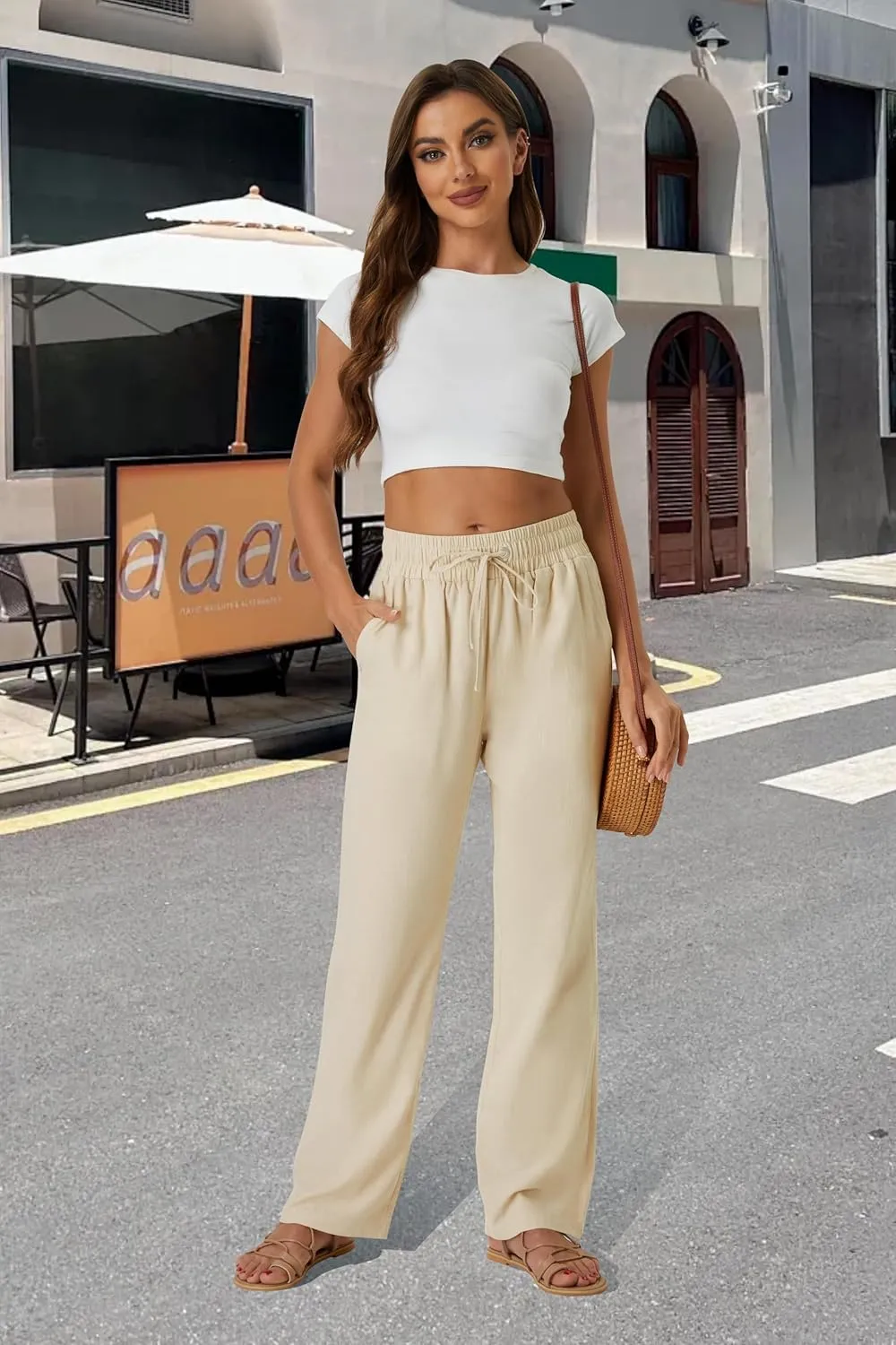 SEMARO Womens Casual Linen High Waist Pants Drawstring Loose Fit Summer Pants Trousers with Side Pockets