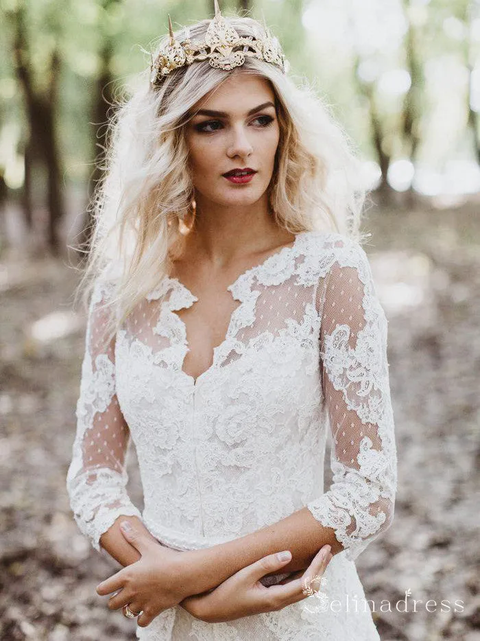 Sheath/Column 3/4 Sleeve V neck Wedding Dress Front Zipper Lace Bridal Dress MHL1692