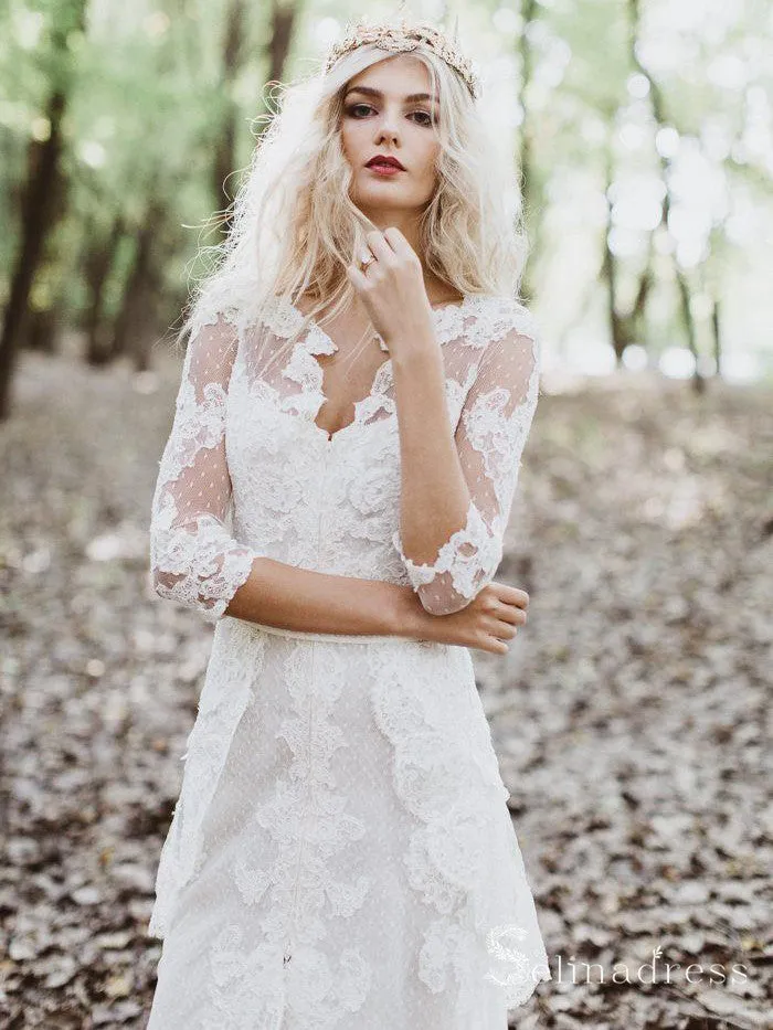 Sheath/Column 3/4 Sleeve V neck Wedding Dress Front Zipper Lace Bridal Dress MHL1692