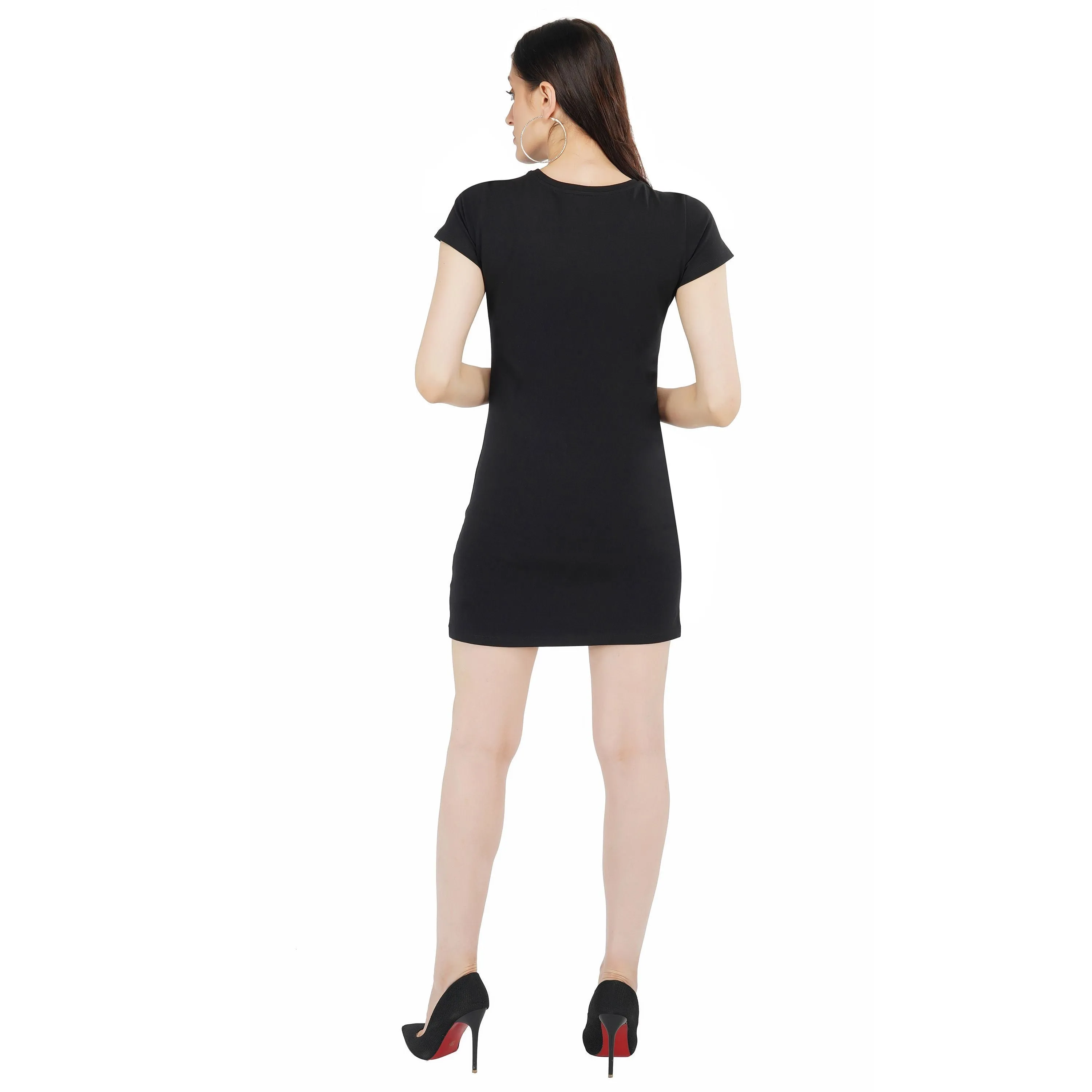 SLAY. Women's Silver Crystal Embellished Black T-shirt Dress