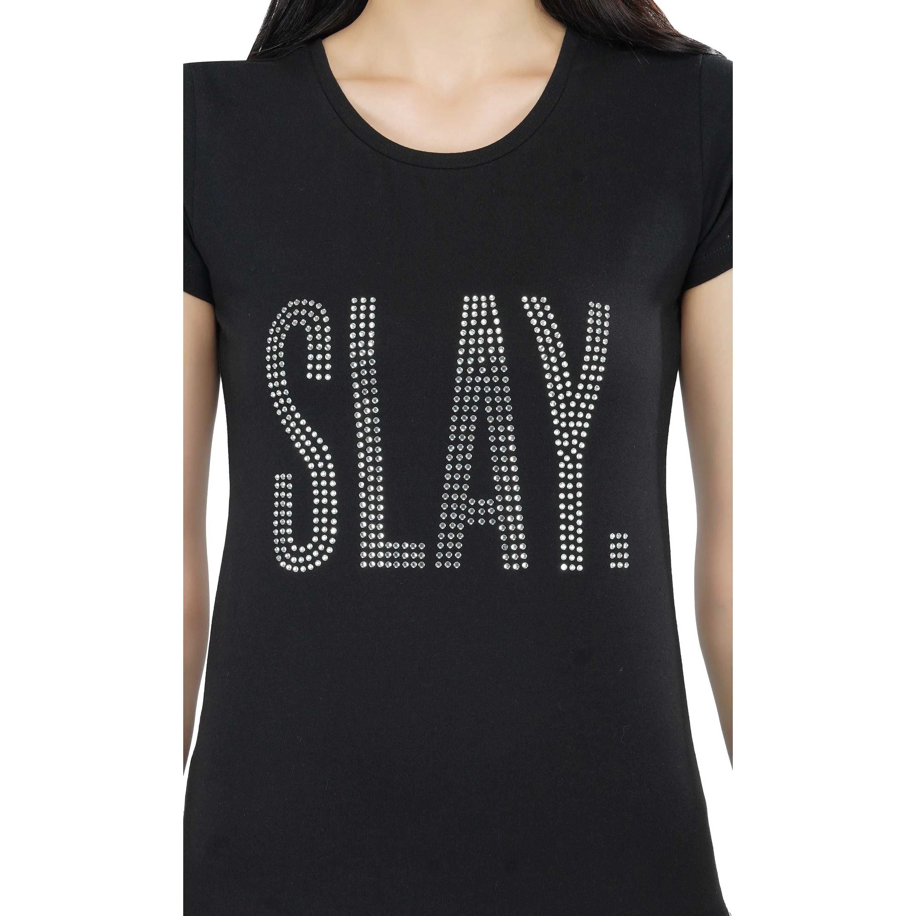 SLAY. Women's Silver Crystal Embellished Black T-shirt Dress