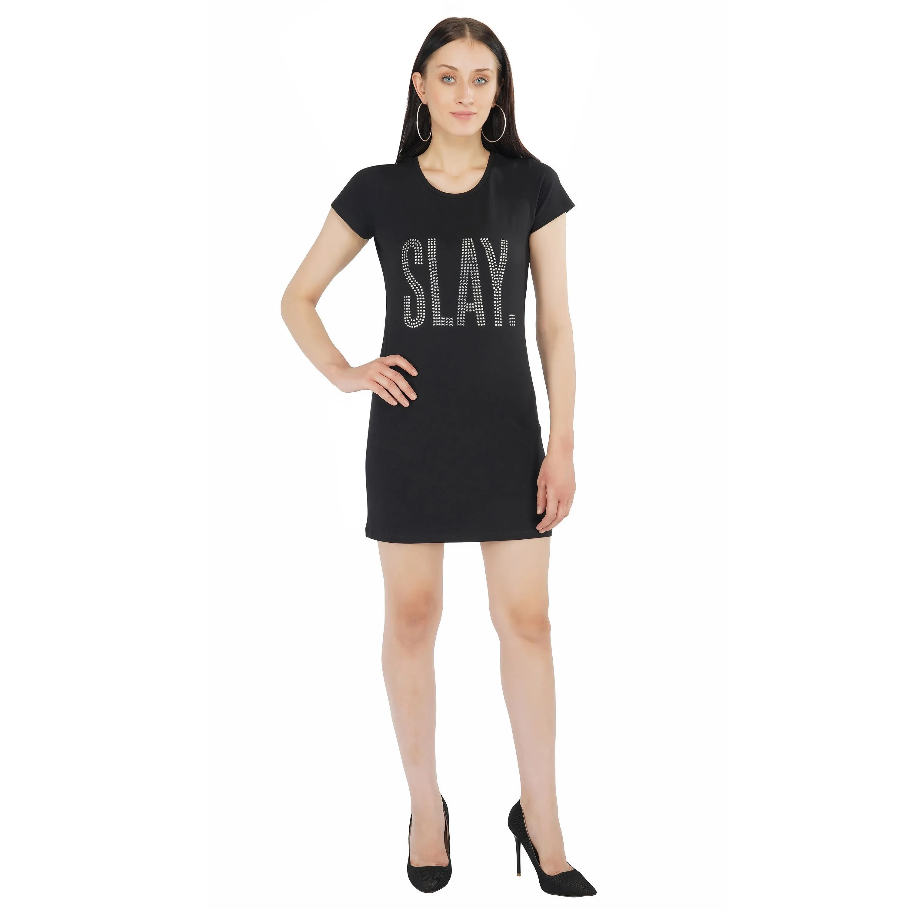 SLAY. Women's Silver Crystal Embellished Black T-shirt Dress