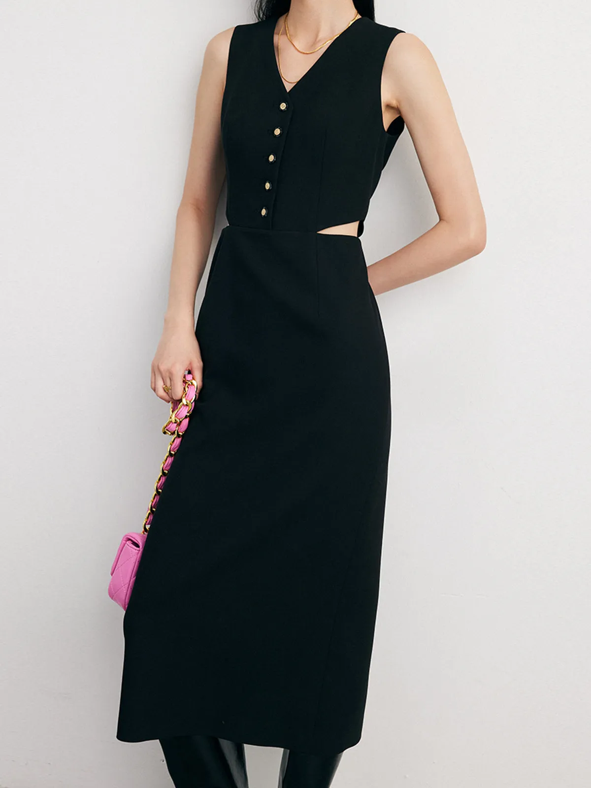 Solid Cut Out Trendy Buttoned Midi Vest Dress