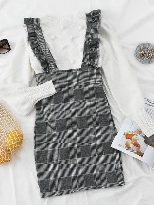 Spaghetti Strap Houndstooth Vest Dress - Black