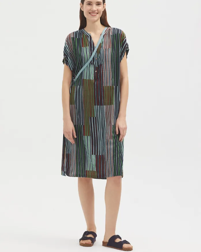 Striped Patch Print Dress in Navy
