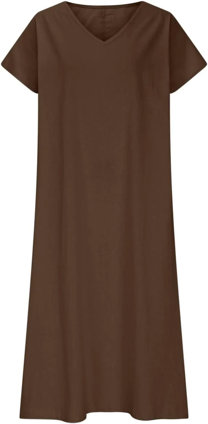 Summer Dresses for Women 2025 Vacation Boho Linen Flowy Dress Casual Short Sleeve v Neck T Shirt Maxi Beach Sundress
