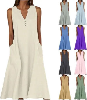 Summer Linen Dresses for Women 2025 Button V Neck Sleeveless Midi Dress Casual Cotton Gauze Shift Dress with Pockets
