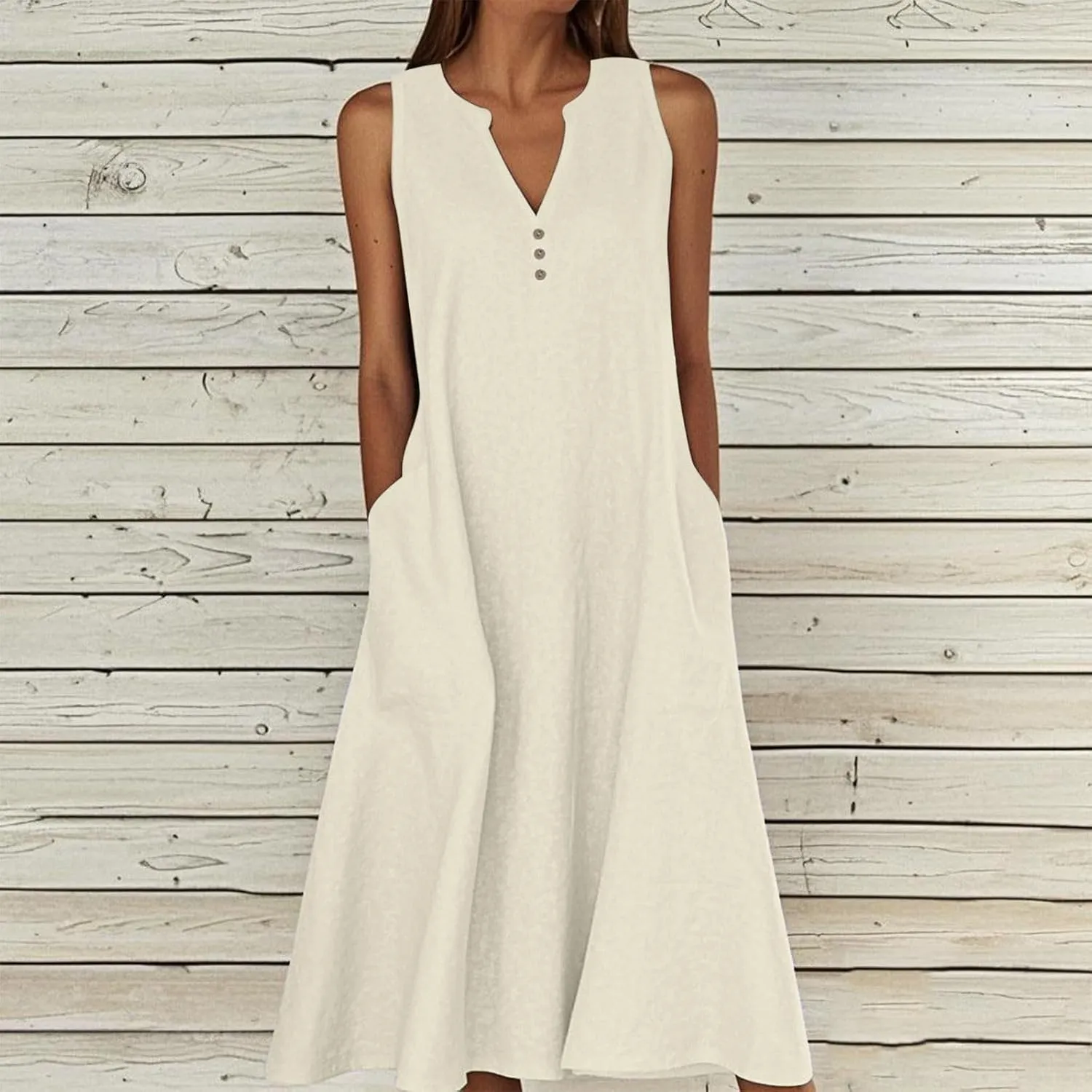 Summer Linen Dresses for Women 2025 Button V Neck Sleeveless Midi Dress Casual Cotton Gauze Shift Dress with Pockets