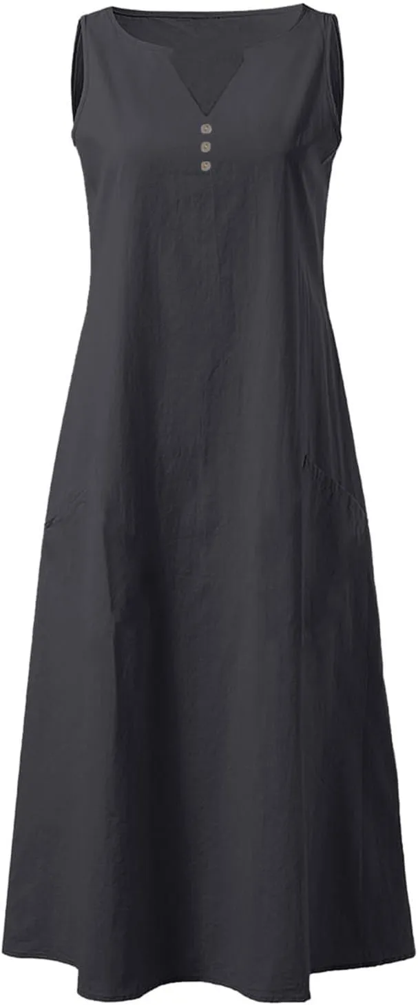 Summer Linen Dresses for Women 2025 Button V Neck Sleeveless Midi Dress Casual Cotton Gauze Shift Dress with Pockets