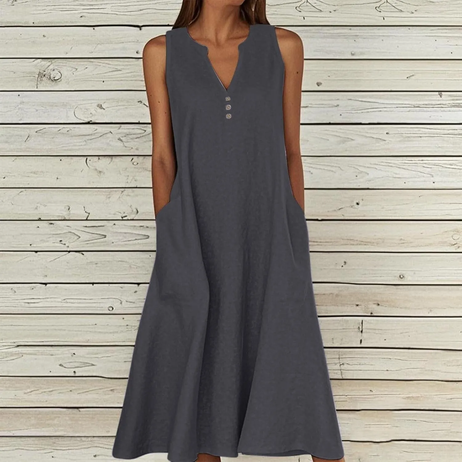 Summer Linen Dresses for Women 2025 Button V Neck Sleeveless Midi Dress Casual Cotton Gauze Shift Dress with Pockets