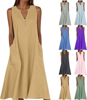 Summer Linen Dresses for Women 2025 Button V Neck Sleeveless Midi Dress Casual Cotton Gauze Shift Dress with Pockets