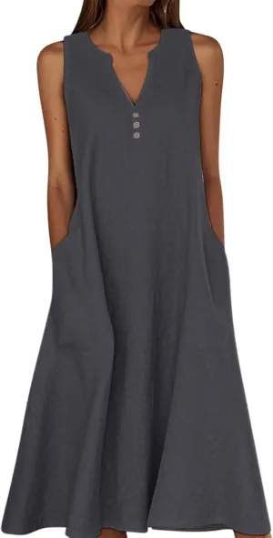 Summer Linen Dresses for Women 2025 Button V Neck Sleeveless Midi Dress Casual Cotton Gauze Shift Dress with Pockets