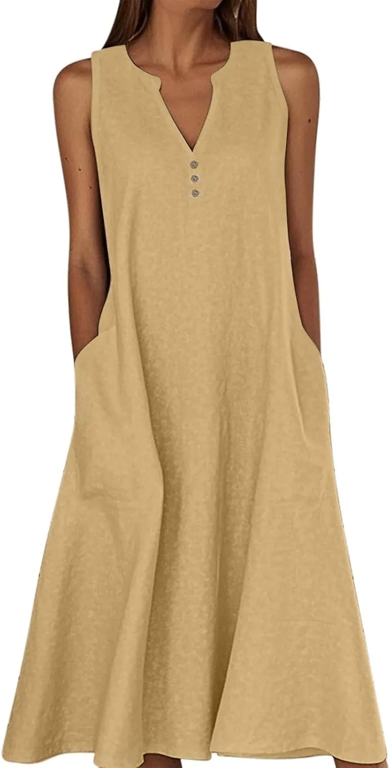 Summer Linen Dresses for Women 2025 Button V Neck Sleeveless Midi Dress Casual Cotton Gauze Shift Dress with Pockets