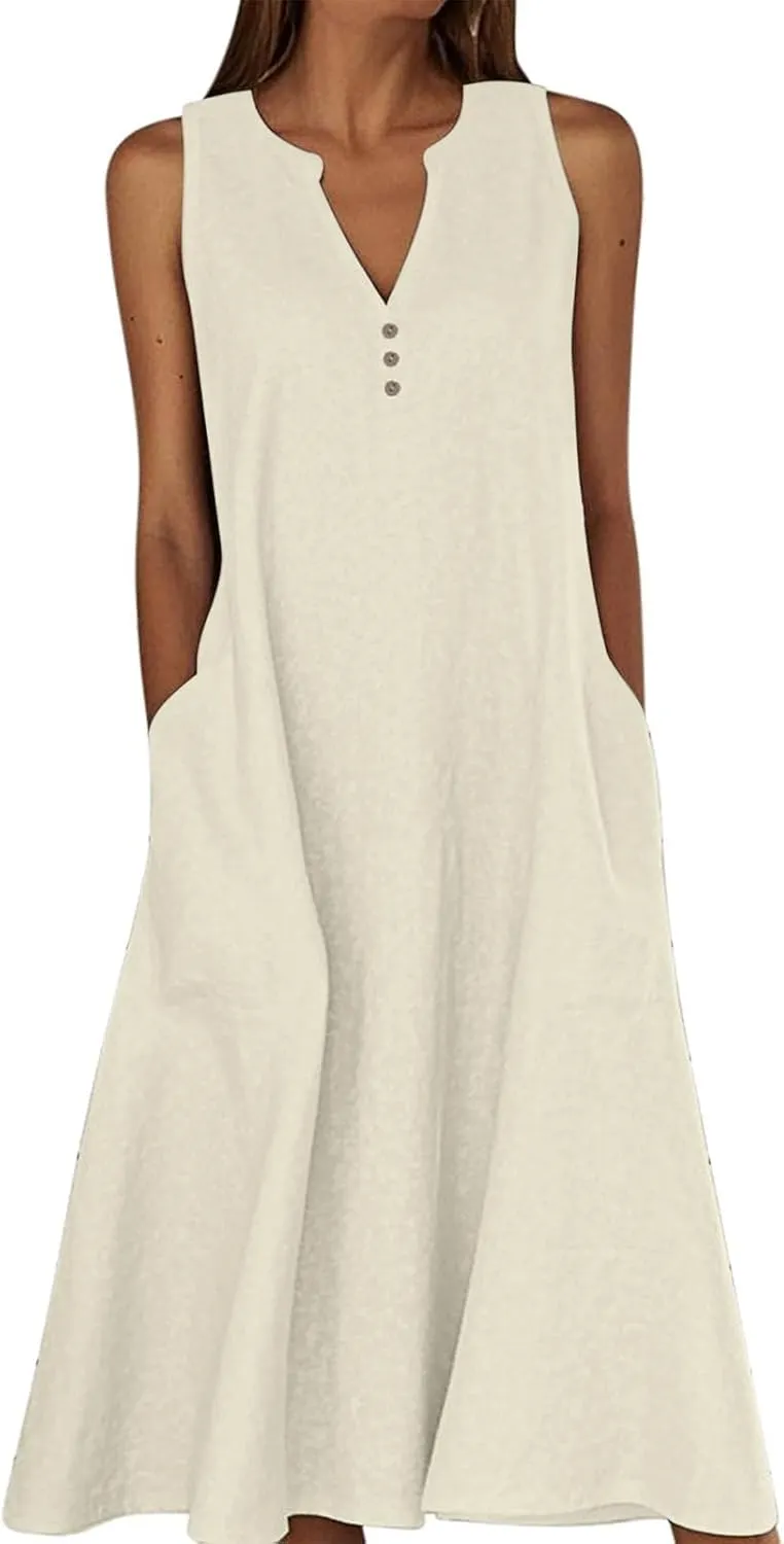 Summer Linen Dresses for Women 2025 Button V Neck Sleeveless Midi Dress Casual Cotton Gauze Shift Dress with Pockets