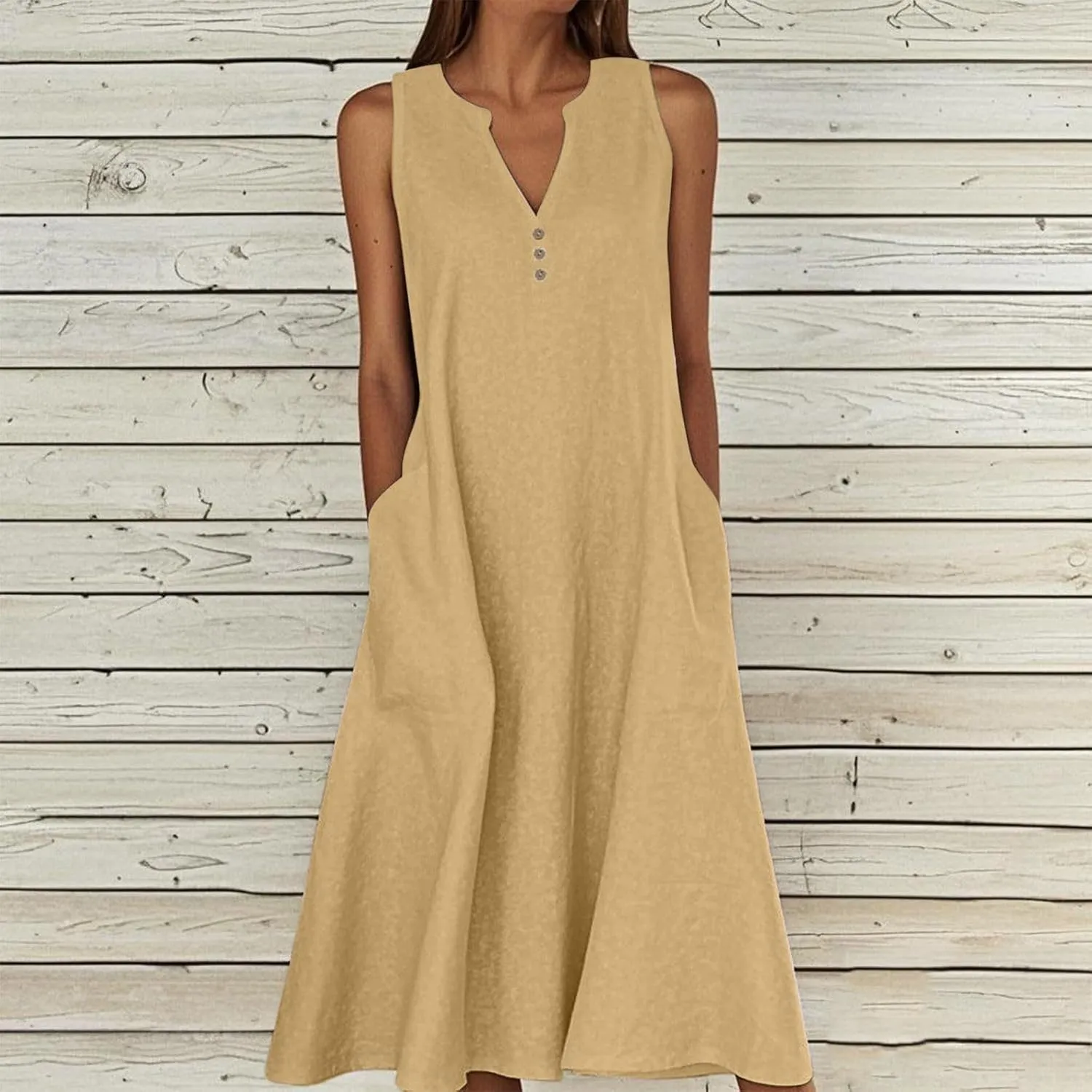 Summer Linen Dresses for Women 2025 Button V Neck Sleeveless Midi Dress Casual Cotton Gauze Shift Dress with Pockets