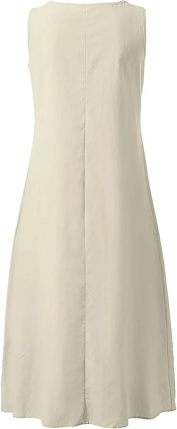 Summer Linen Dresses for Women 2025 Button V Neck Sleeveless Midi Dress Casual Cotton Gauze Shift Dress with Pockets