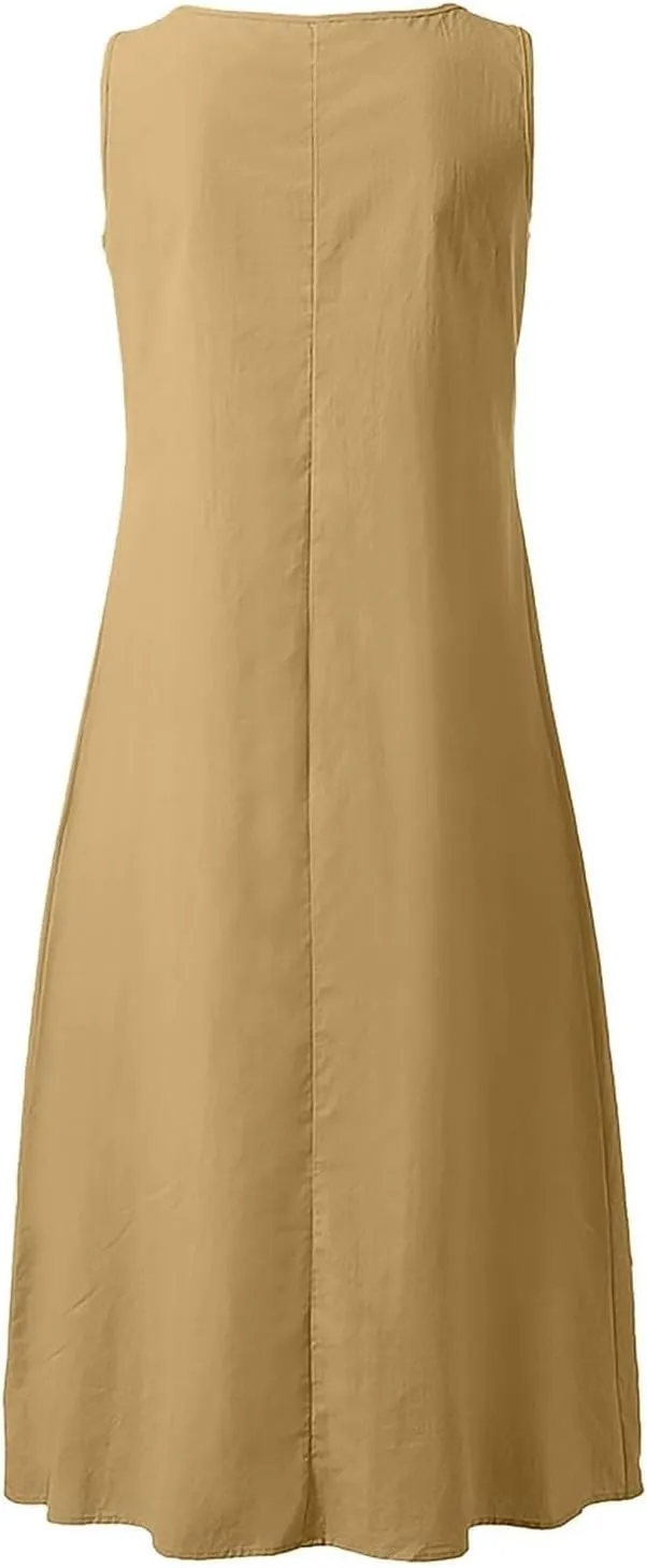 Summer Linen Dresses for Women 2025 Button V Neck Sleeveless Midi Dress Casual Cotton Gauze Shift Dress with Pockets
