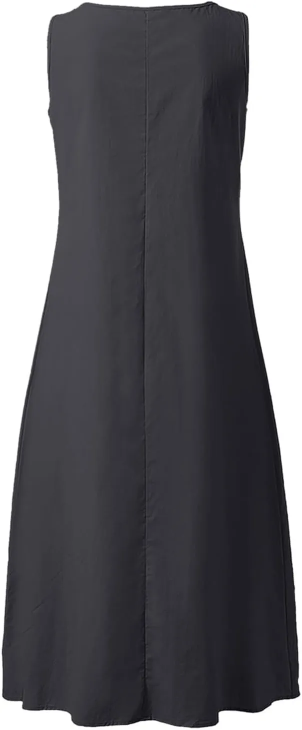 Summer Linen Dresses for Women 2025 Button V Neck Sleeveless Midi Dress Casual Cotton Gauze Shift Dress with Pockets