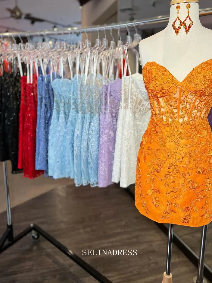 Sweetheart Lace Appliqued Short Prom Dress Cute Homecoming Dresses Hoco Dresses Pageant Dresses #TKL059