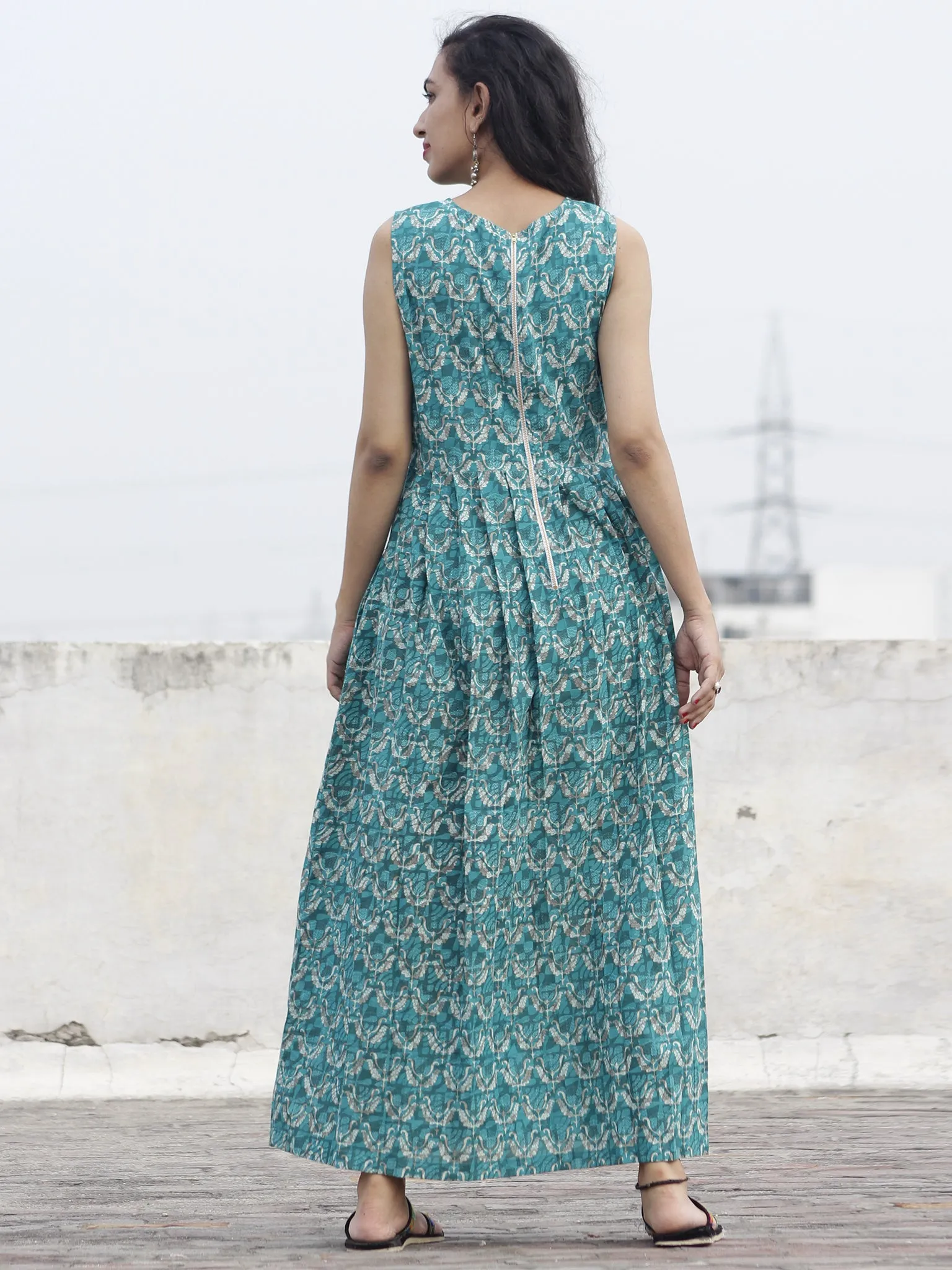 Teal Green Ivory Kashish Long Sleeveless Hand Block Printed Cotton Dress With Knife Pleats & Side Pockets - D32F768