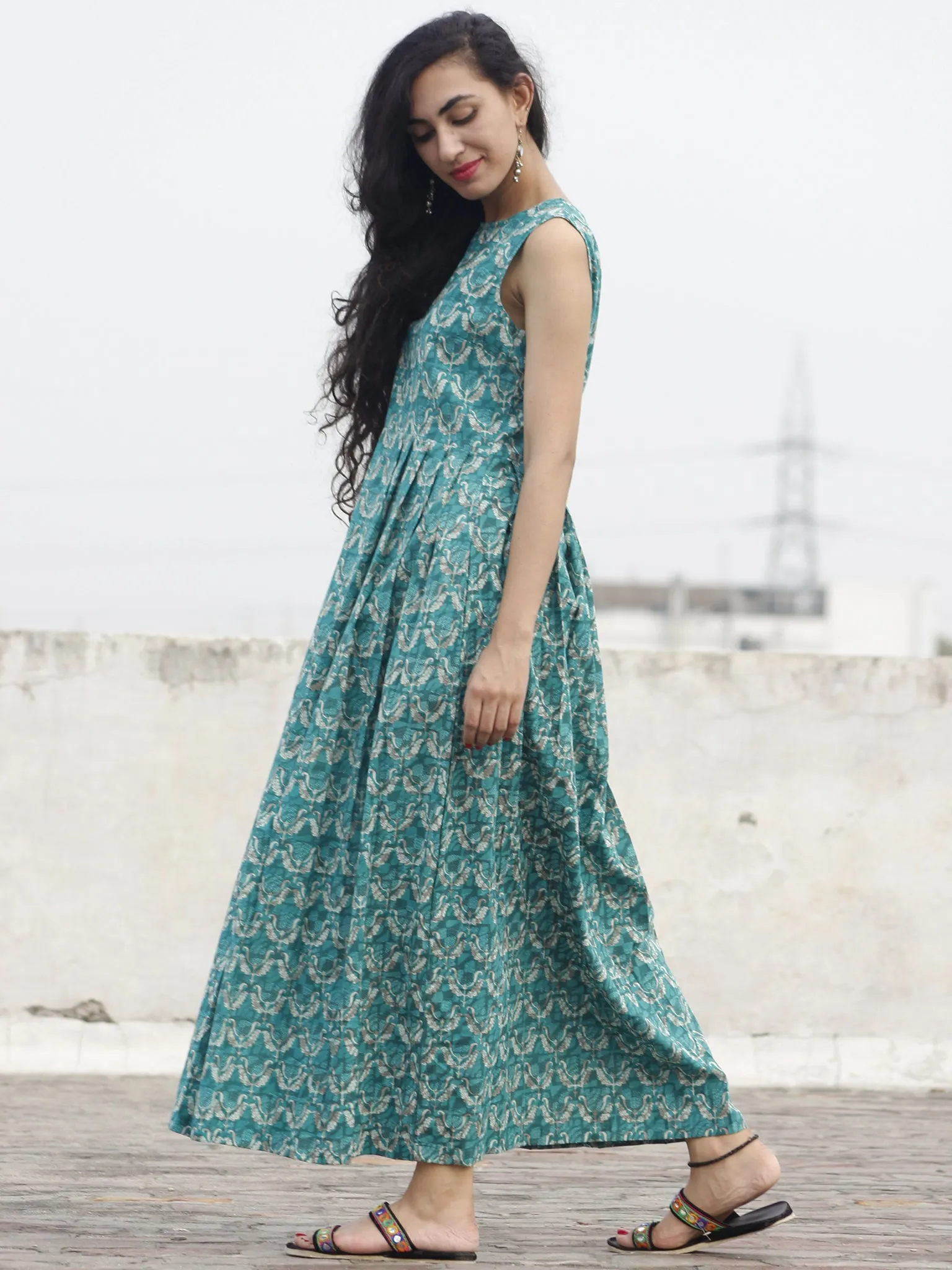 Teal Green Ivory Kashish Long Sleeveless Hand Block Printed Cotton Dress With Knife Pleats & Side Pockets - D32F768