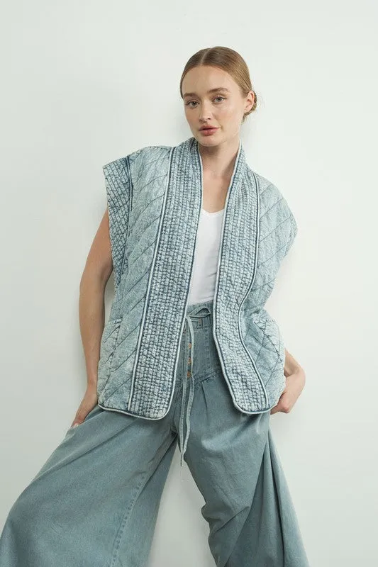 Waitlist 12/14 ♥  Kay Sleeveless Oversized Open Front Quilted Denim Vest Blue