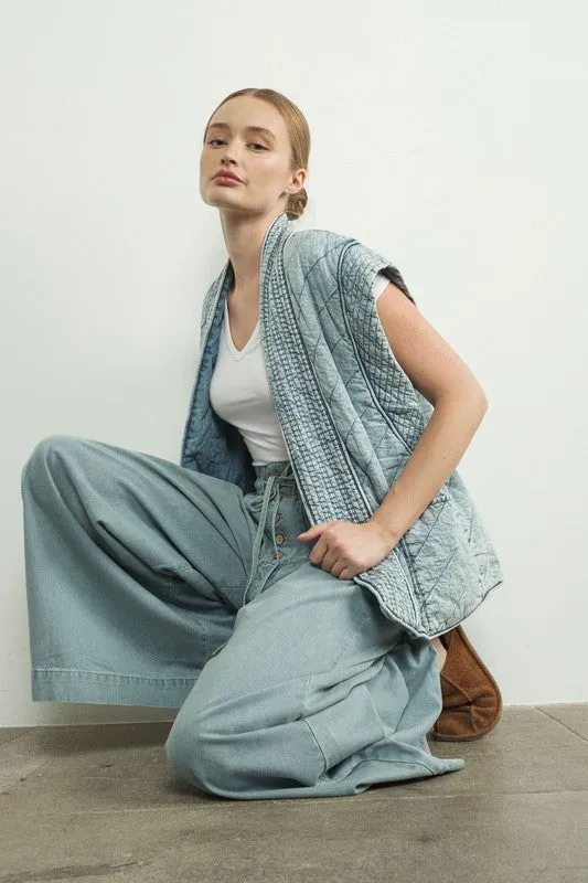 Waitlist 12/14 ♥  Kay Sleeveless Oversized Open Front Quilted Denim Vest Blue