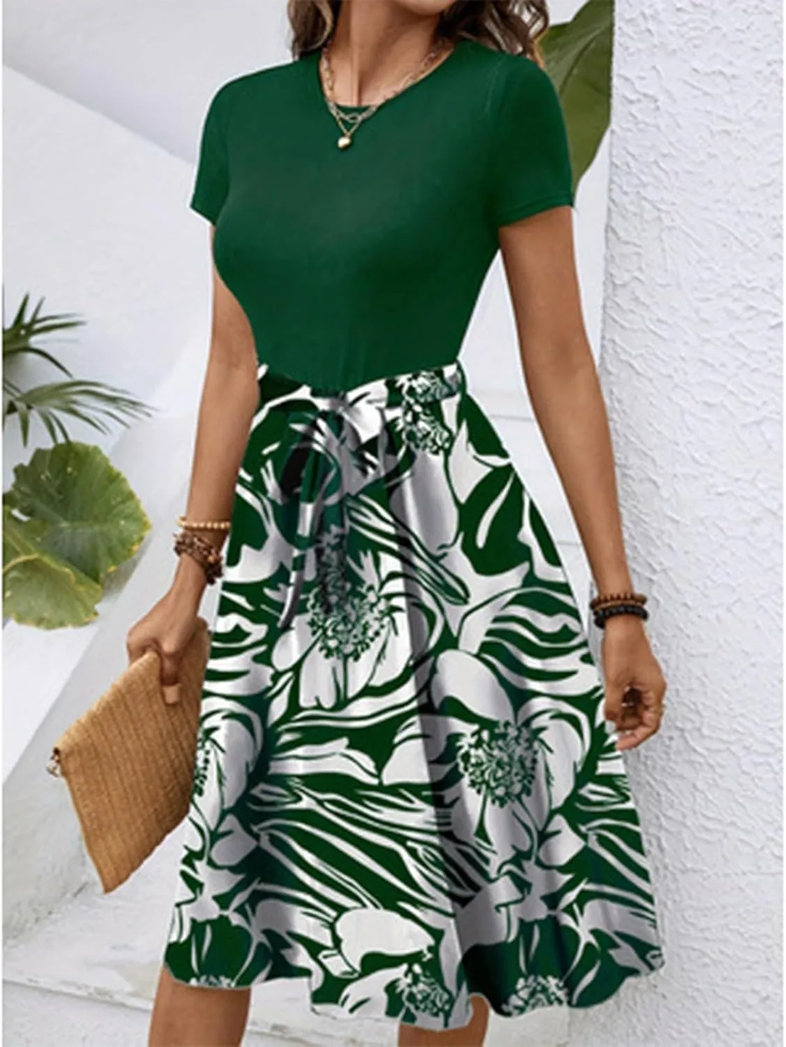 Wedding Guest Dresses for Women Short Sleeve Floral Sundress Elegant Boho Tie Belted Empire Waist Ruffle Hem Flowy Dress