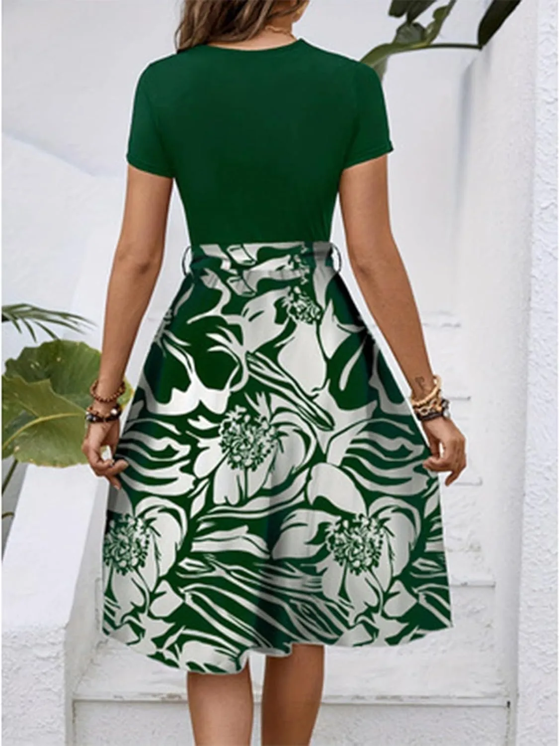 Wedding Guest Dresses for Women Short Sleeve Floral Sundress Elegant Boho Tie Belted Empire Waist Ruffle Hem Flowy Dress
