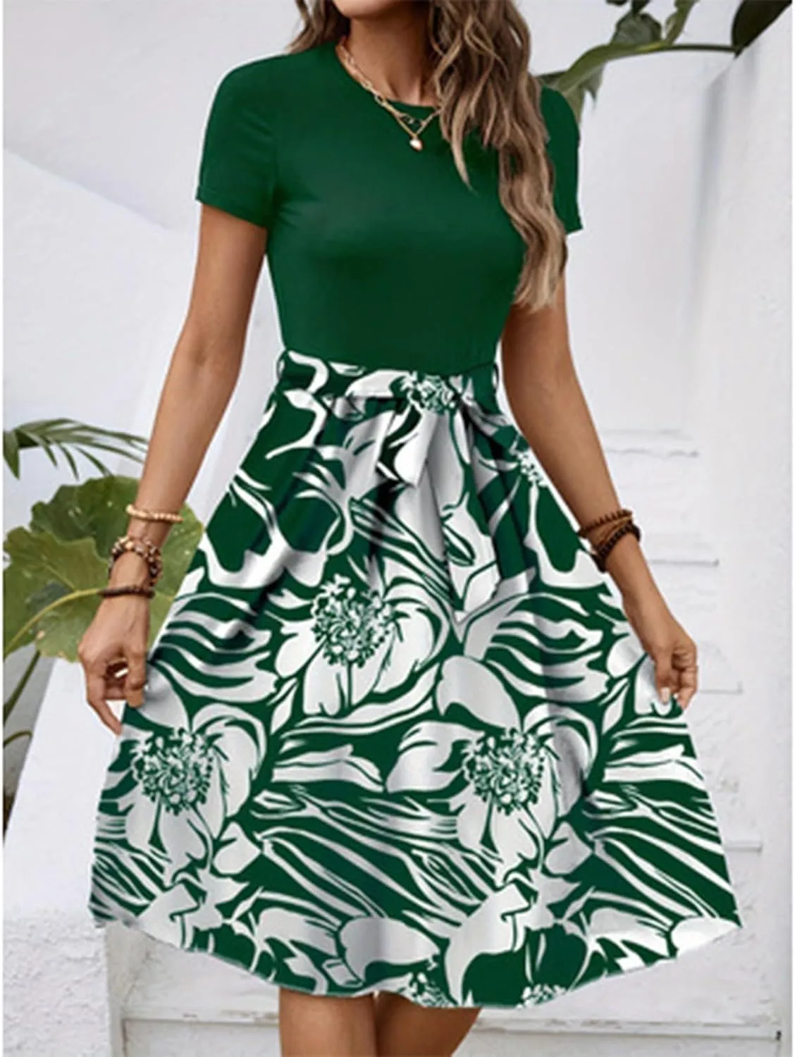 Wedding Guest Dresses for Women Short Sleeve Floral Sundress Elegant Boho Tie Belted Empire Waist Ruffle Hem Flowy Dress