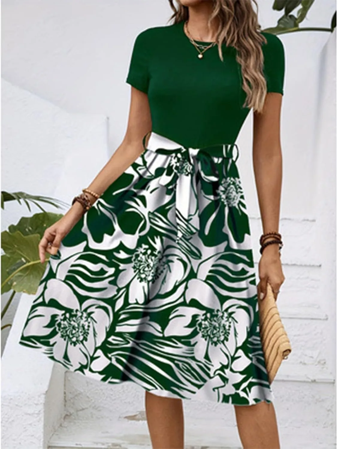 Wedding Guest Dresses for Women Short Sleeve Floral Sundress Elegant Boho Tie Belted Empire Waist Ruffle Hem Flowy Dress