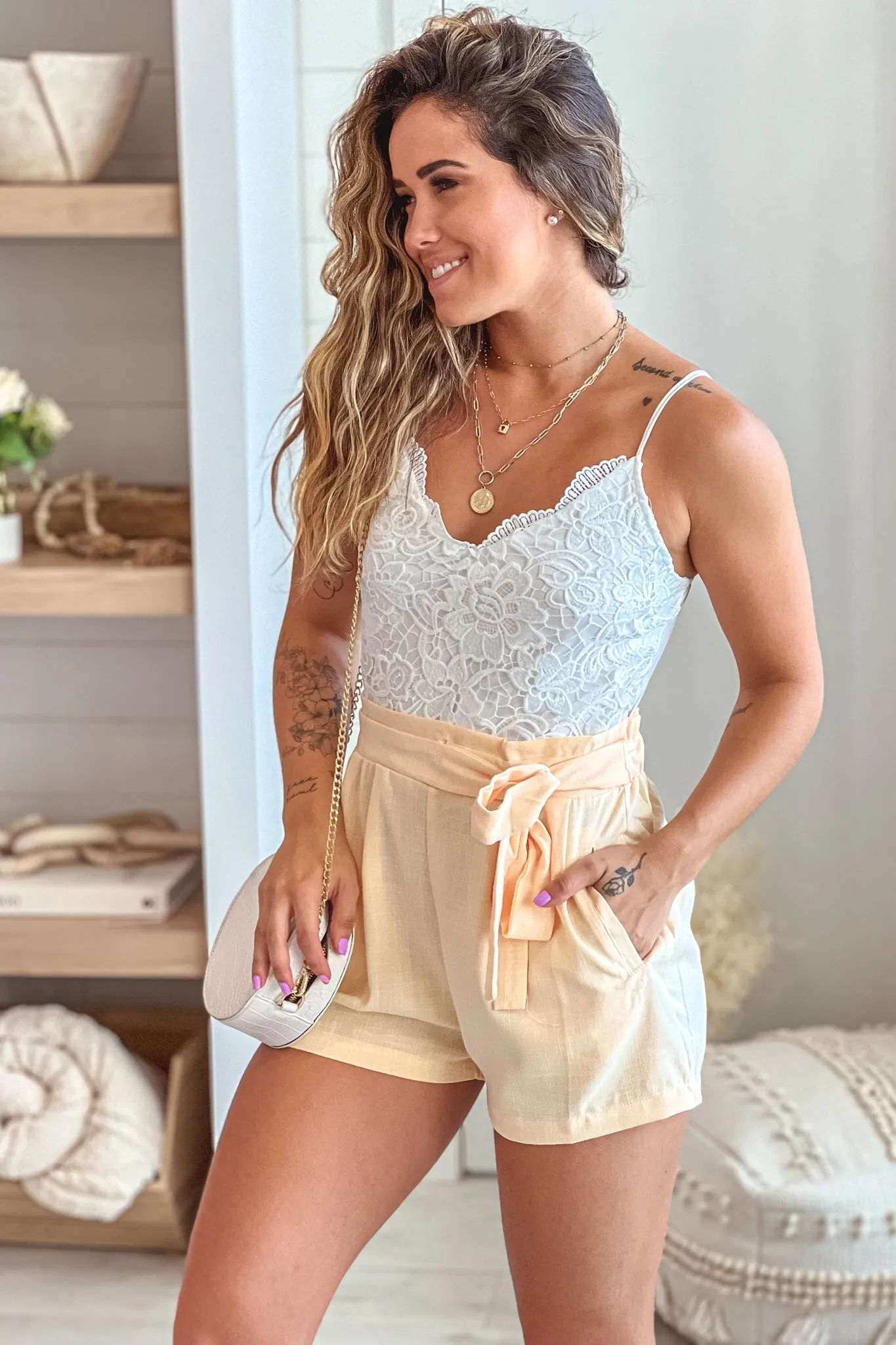 White And Yellow Romper With Lace Detail