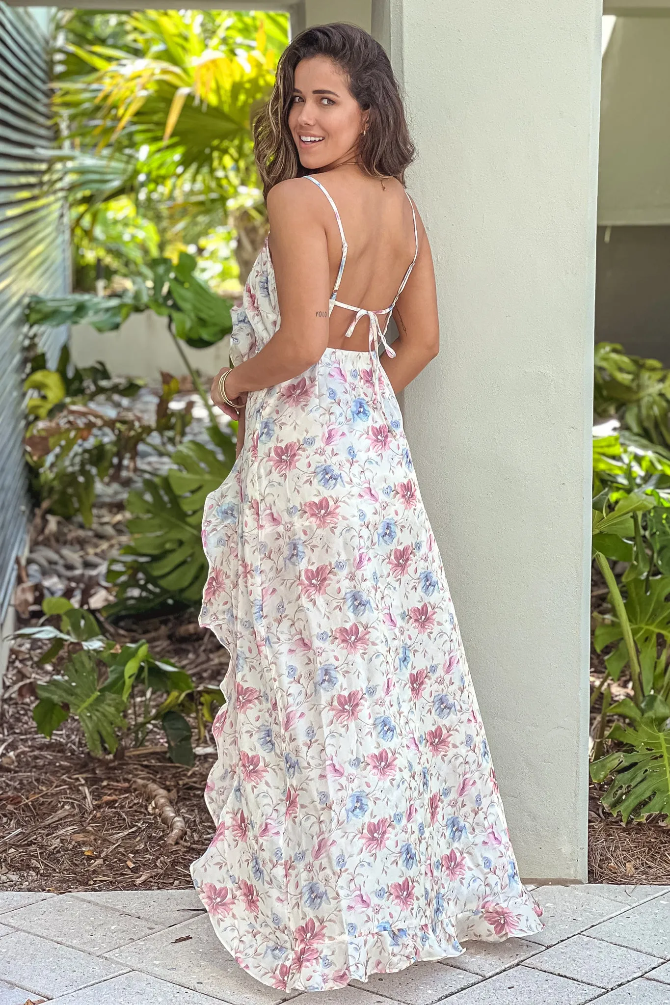 White Floral Satin Ruffled Dress