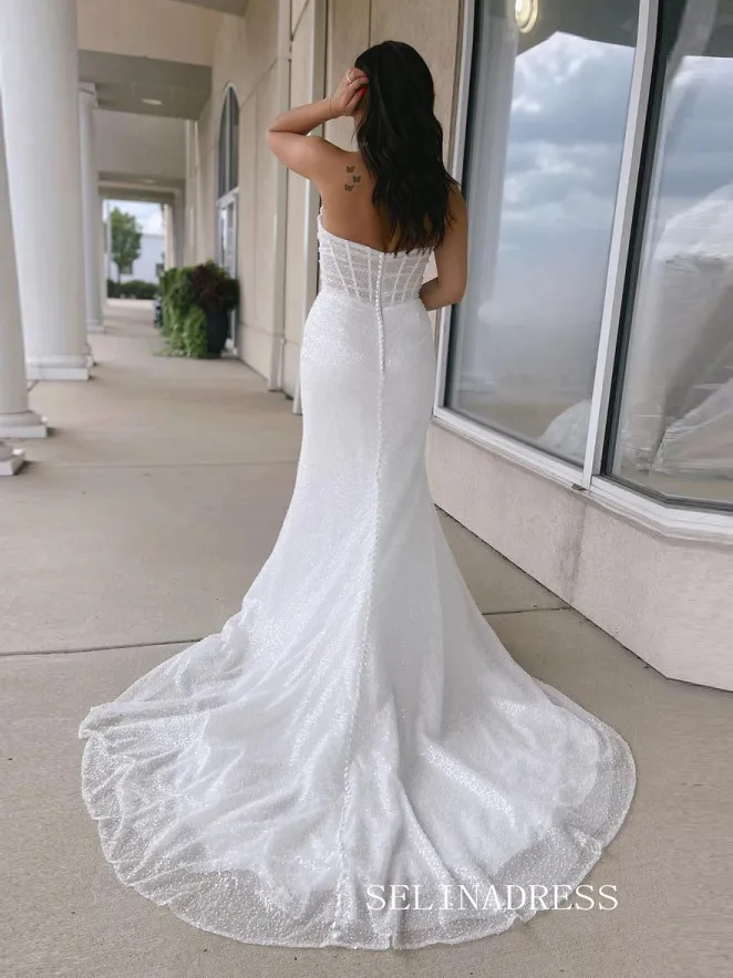 White Mermaid Strapless Wedding Dress Sparkly Bridal Gowns TKL3040