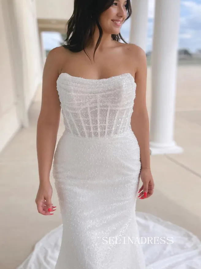 White Mermaid Strapless Wedding Dress Sparkly Bridal Gowns TKL3040