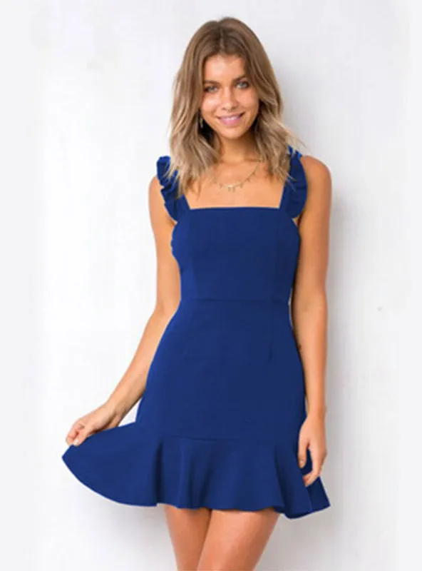 Women Square Neck Sleeveless Black Mini Dresses