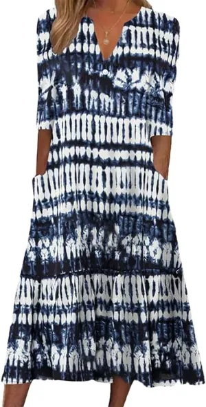 Womens Boho Floral Printed A Line Summer Dresses V Neck Half Sleeve Button Up Casual Midi Dress with Pockets