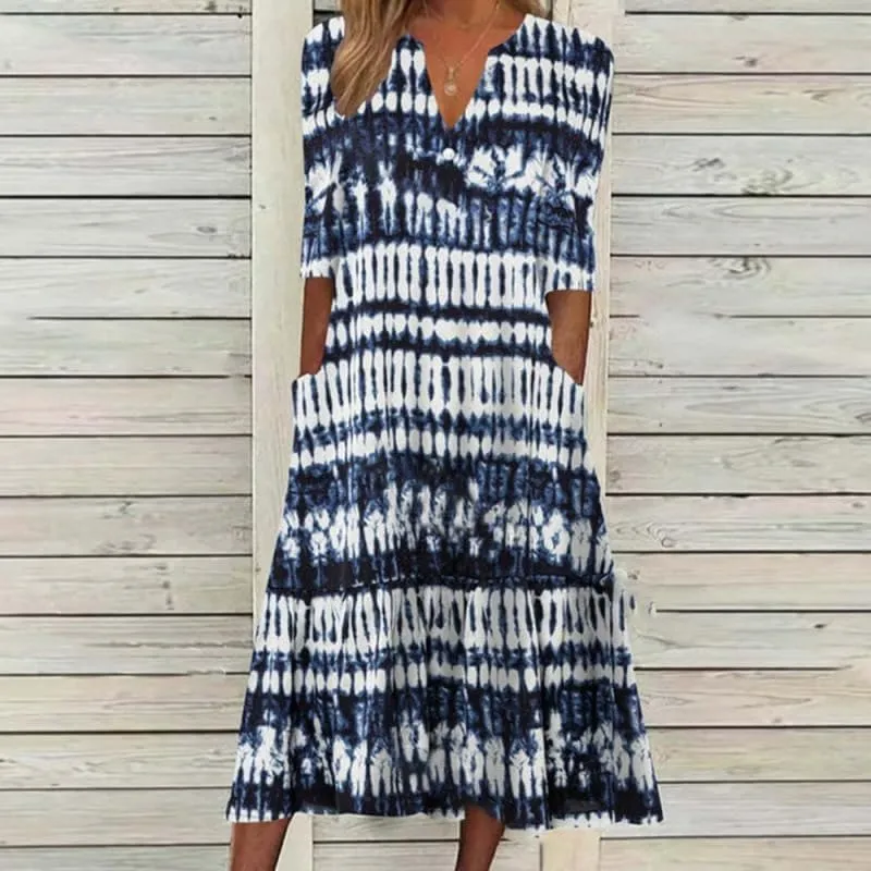 Womens Boho Floral Printed A Line Summer Dresses V Neck Half Sleeve Button Up Casual Midi Dress with Pockets