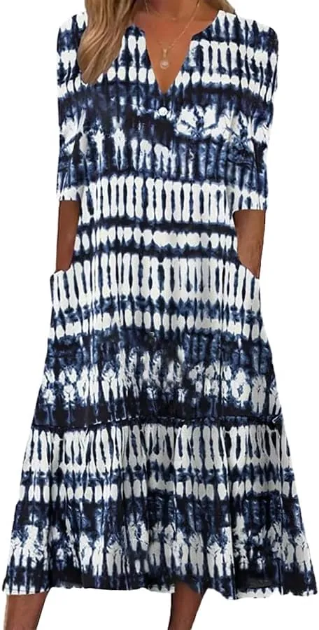 Womens Boho Floral Printed A Line Summer Dresses V Neck Half Sleeve Button Up Casual Midi Dress with Pockets
