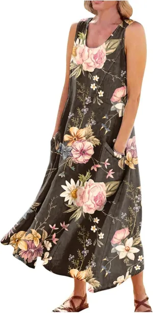 Womens Dresses Chic Sleeveless Scoop Neck Cotton Linen Dress Loose Floral Printed Beach Sundress with Pockets