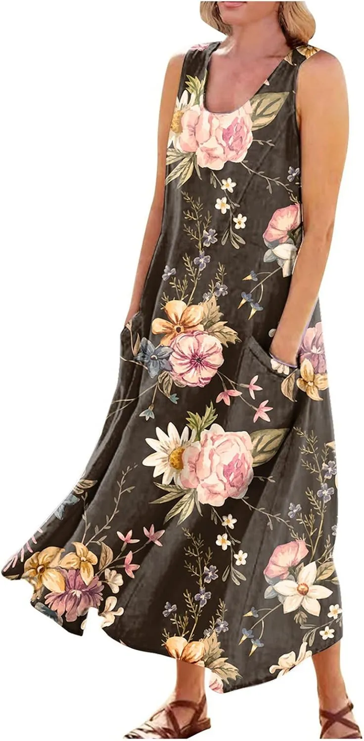 Womens Dresses Chic Sleeveless Scoop Neck Cotton Linen Dress Loose Floral Printed Beach Sundress with Pockets