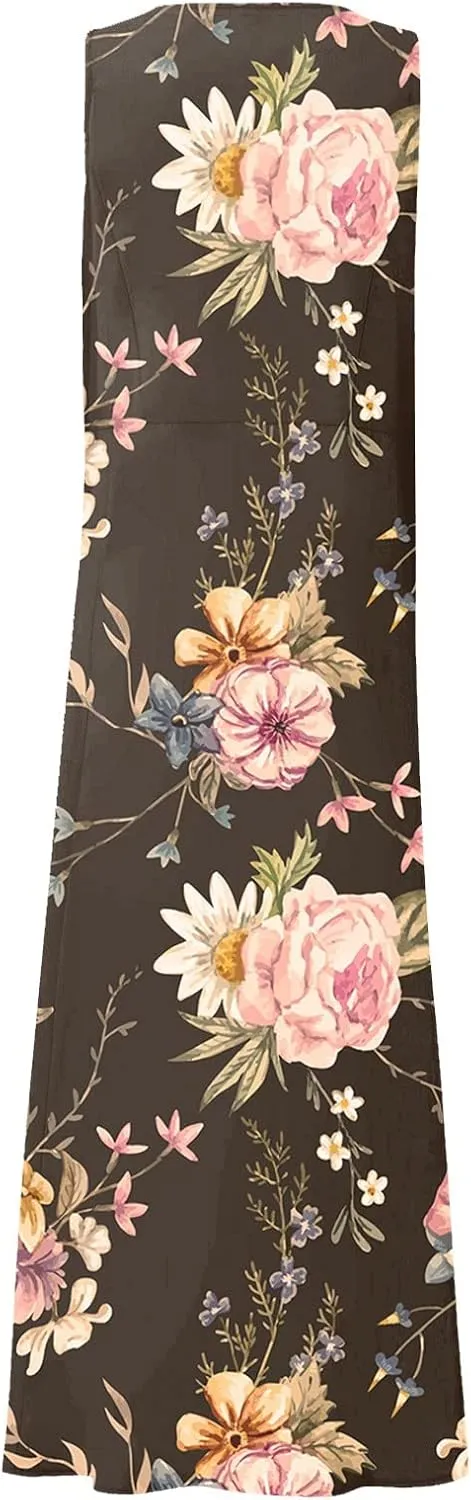Womens Dresses Chic Sleeveless Scoop Neck Cotton Linen Dress Loose Floral Printed Beach Sundress with Pockets