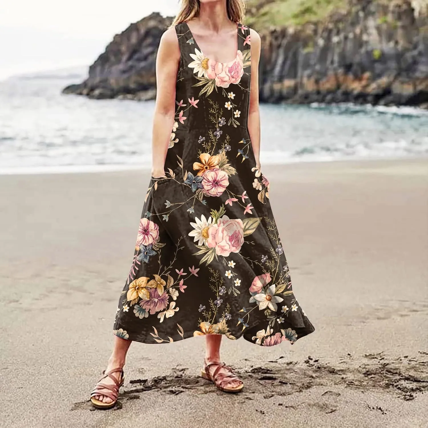 Womens Dresses Chic Sleeveless Scoop Neck Cotton Linen Dress Loose Floral Printed Beach Sundress with Pockets