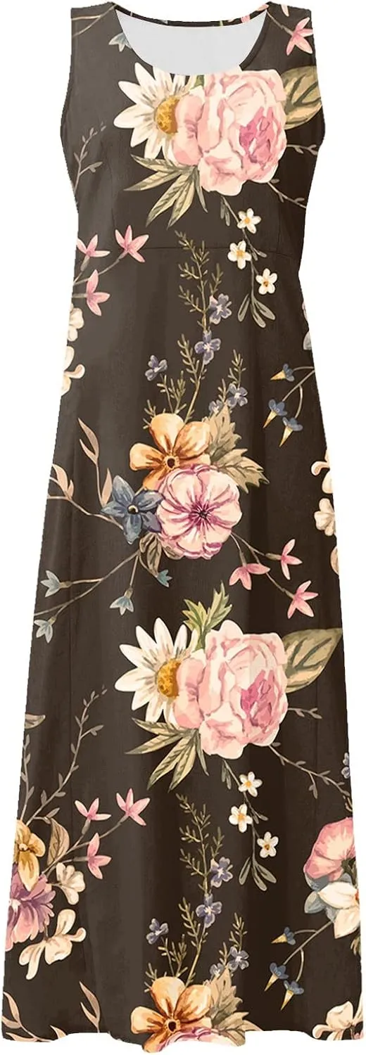 Womens Dresses Chic Sleeveless Scoop Neck Cotton Linen Dress Loose Floral Printed Beach Sundress with Pockets