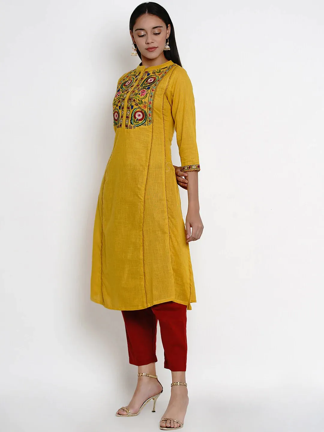 Women'S Mustard Yellow & Maroon Embroidered Kurta With Palazzos