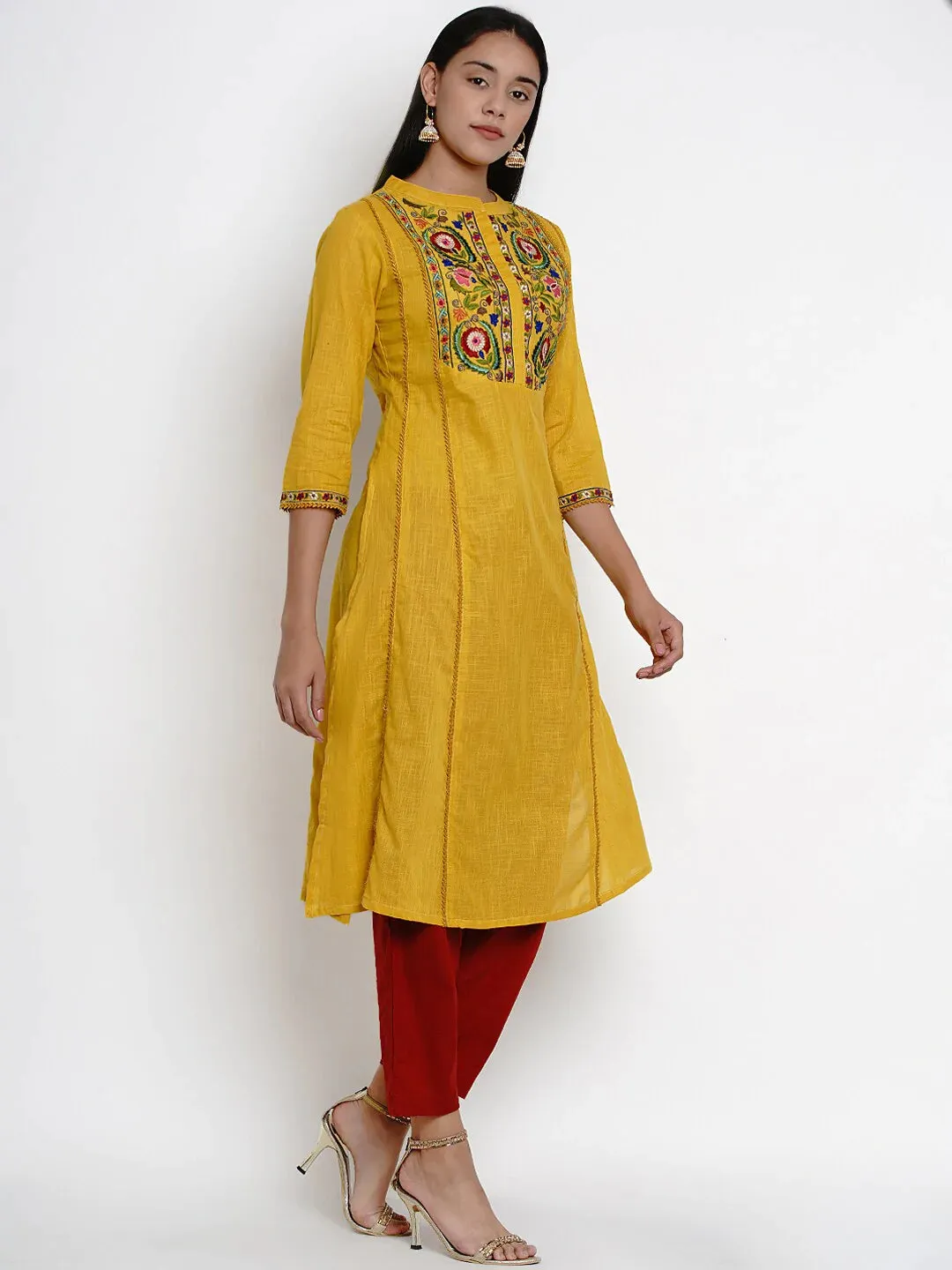 Women'S Mustard Yellow & Maroon Embroidered Kurta With Palazzos
