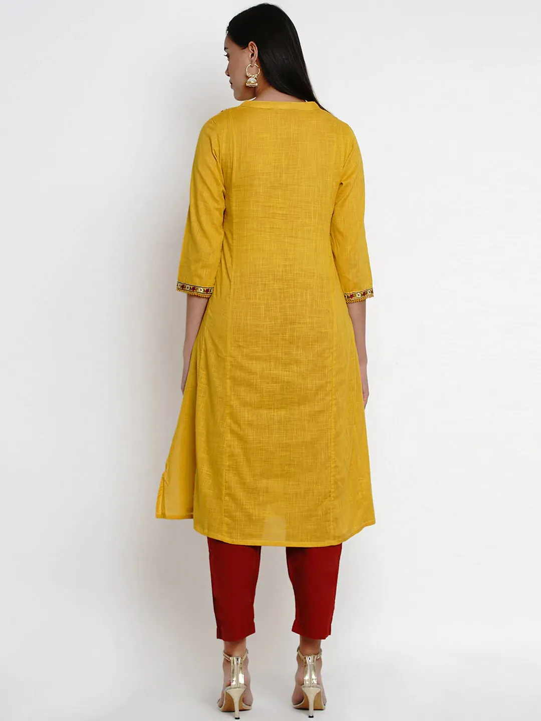 Women'S Mustard Yellow & Maroon Embroidered Kurta With Palazzos